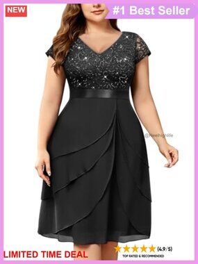 Plus Size Sequin Lace V-Neck Chiffon Cocktail Party Dress